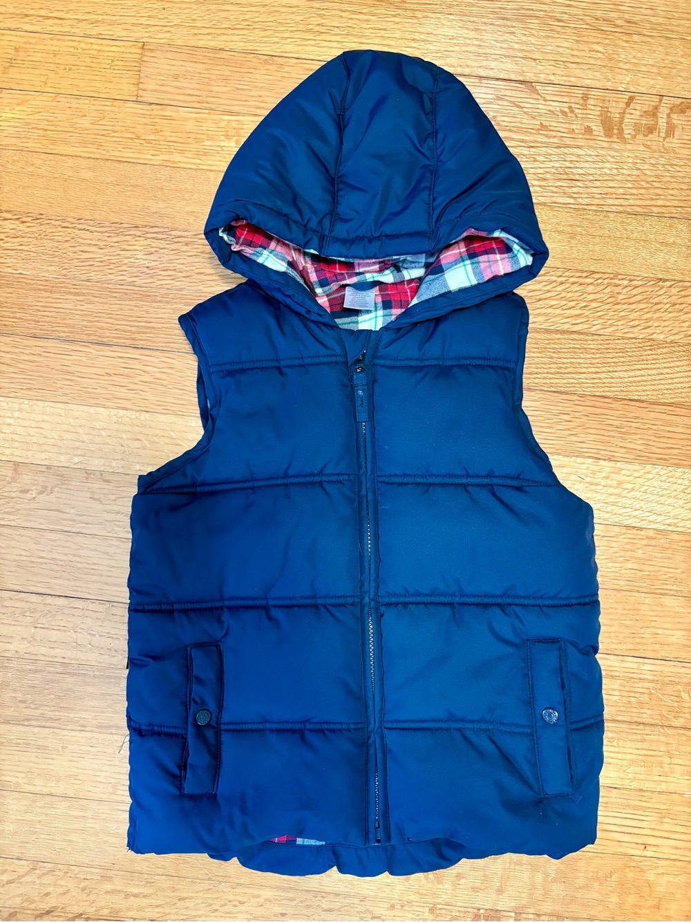 Gymboree Navy Hooded Quilted Vest with Plaid Lining